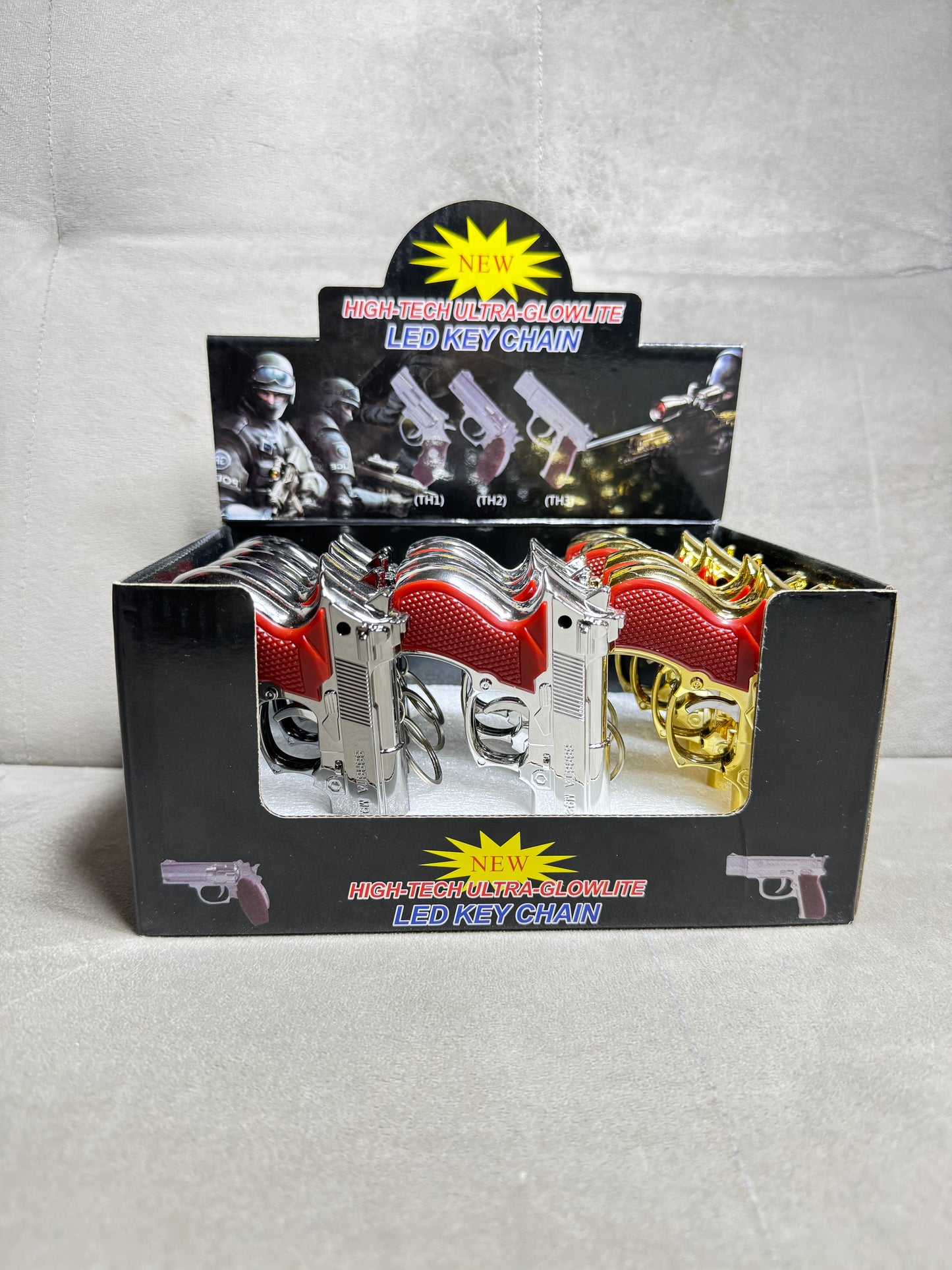 Toy laser, flashlight gun keychain
