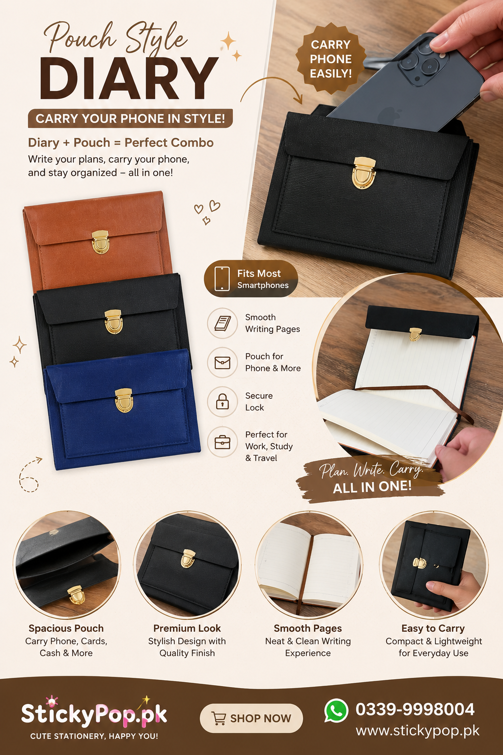 Pouch Style Diary | Phone Holder Notebook | Premium Lock Diary