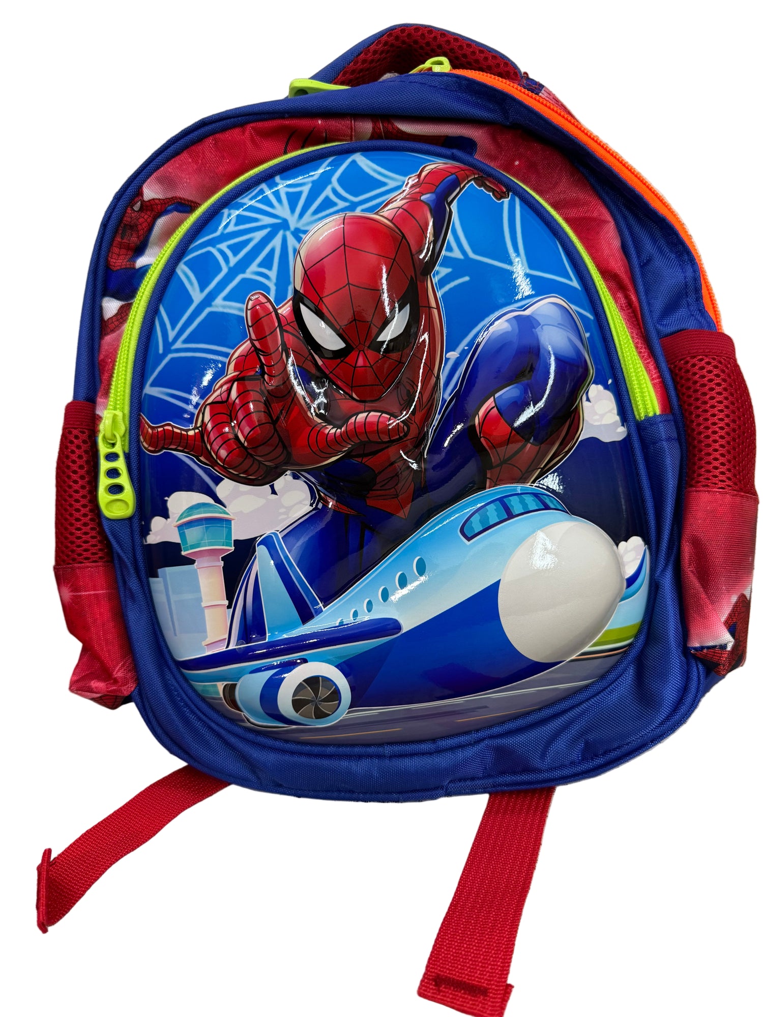 Children's backpack with Spider-Man design on a textured surface