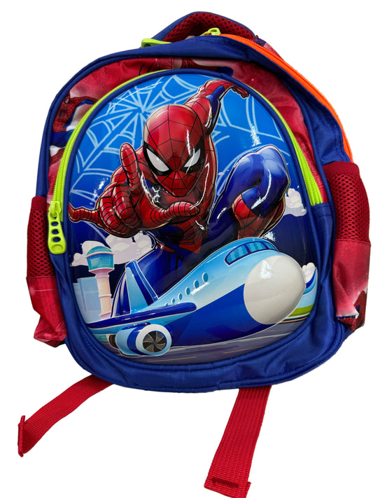 Children's backpack with Spider-Man design on a textured surface